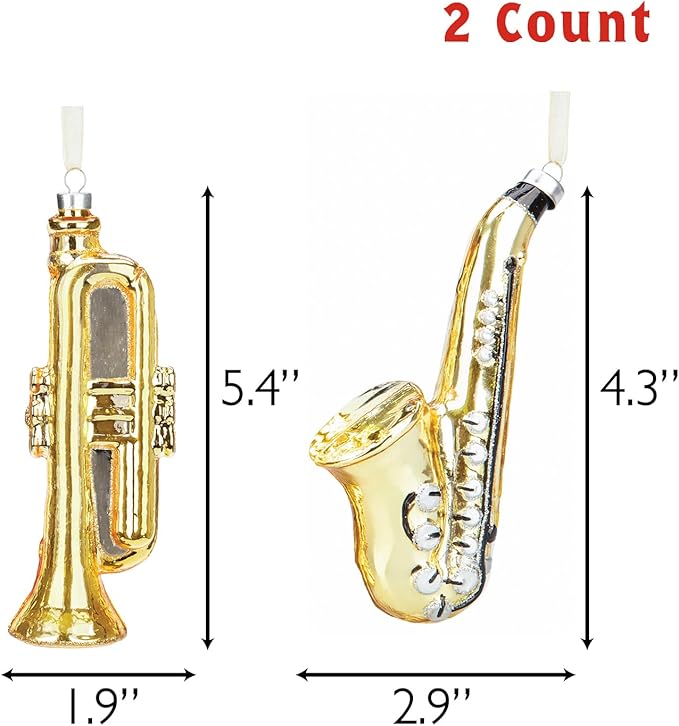 Every Day is Christmas Glass Blown Ornaments Cute Hand Made Figurines Tree Decoration, Set of 2 Trumpet and Saxophone