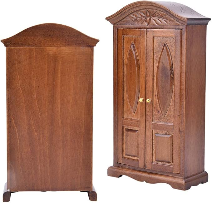 Dollhouse Wardrobe,1:12 Simulation Miniature Bedroom Furniture Wooden Vintage Cabinet for Fairy Gardens Doll House Decoration Accessories (Brown)