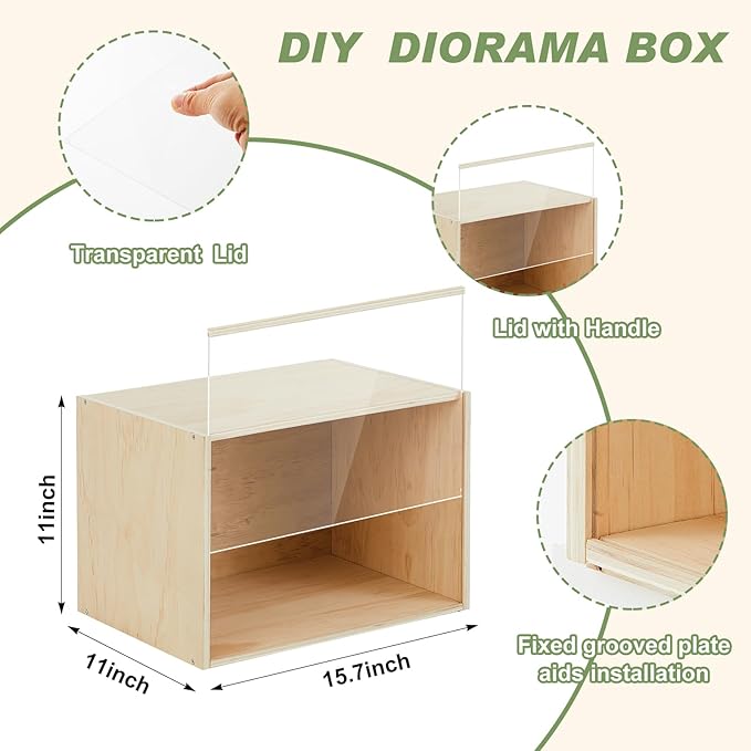 Diorama Box Unfinished Large Display Box Wooden Display Cases for Collectibles 15.7'' x 11'' x 11'' with Transparent Lid Desktop Wood Storage Container for Dolls Dollhouse Miniature Figures