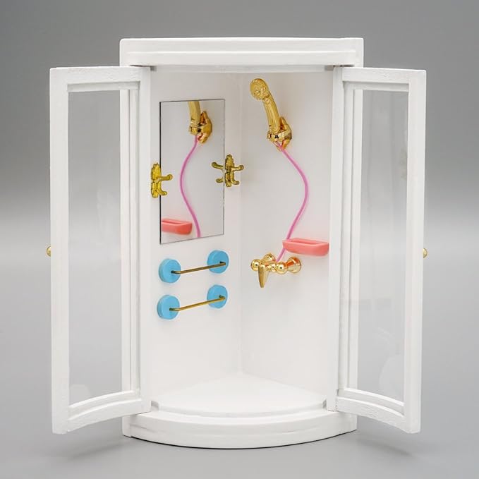 Odoria Dollhouse Shower Enclosure Miniature: 1/12 Scale Shower Room Corner for Modern Bathroom - Mini Wood Furniture White