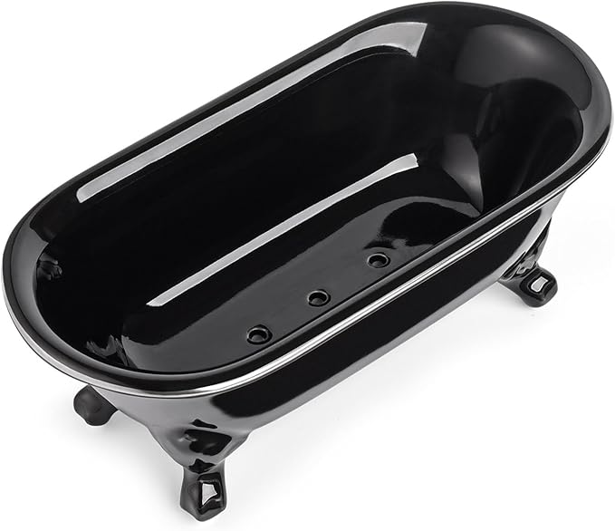NEWHENGS 6.5" Ceramic Mini Decorative Clawfoot Bathtub Bar Soap Dish, Kitchen Sponge Holder and Shower Tray for Bathroom, 1 Pack (Black Silver Rim)
