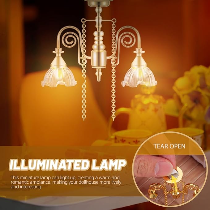 Miniature Dollhouse Chandelier Light - Gold Double-Head Floral Pendant Lamp with Illuminated Ceiling Light for Dollhouse Furniture Accessories and Tiny Home Decor