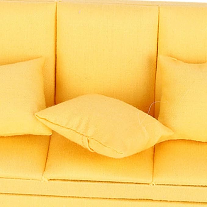Dollhouse Furniture 1 12 Scale Couch Doll House Mini Sofa with 3Pcs Pillow Living Room Furniture Wooden Doll House Decoration Accessories Dolls House Living Room (Yellow)