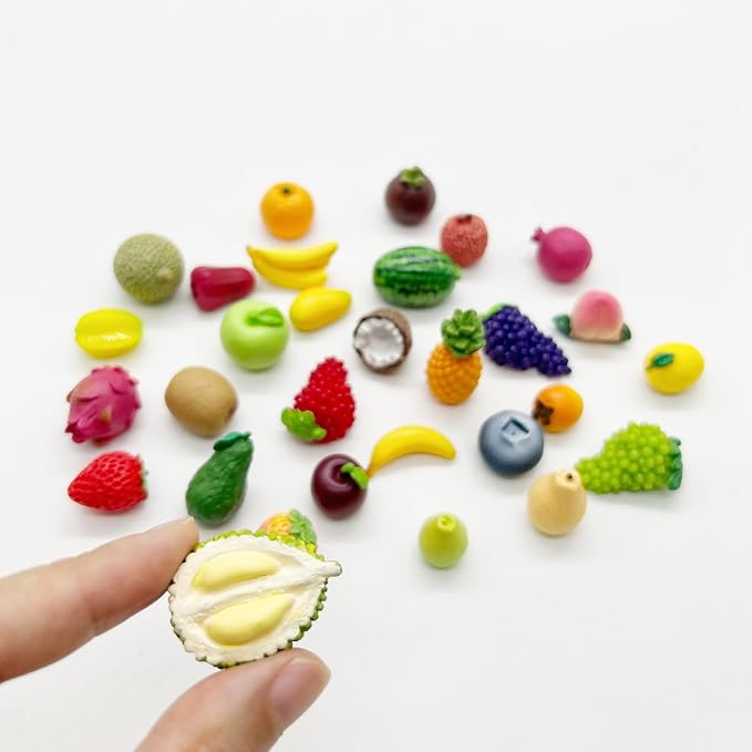 30Pcs Mini Resin Fruit, Artificial Fake Fruit, Fake Strawberry Banana Pineapple Lemon Peach Fruit Decorations for Mini House Kitchen Fairy Garden Cake Party Decor