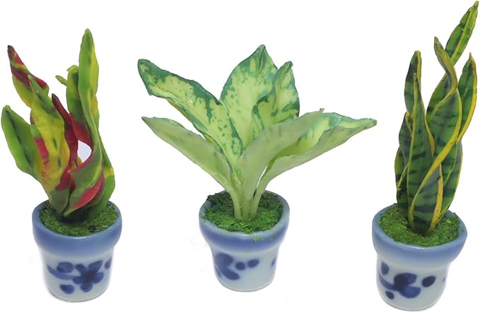 3 Pieces 1:12 Dollhouse Miniature Artificial Flower Plants in Ceramic Pot, Codiaeum Variegatum,Aglaonema,Sansevieria Dollhouse Accessories for Collectibles and Home Decoration