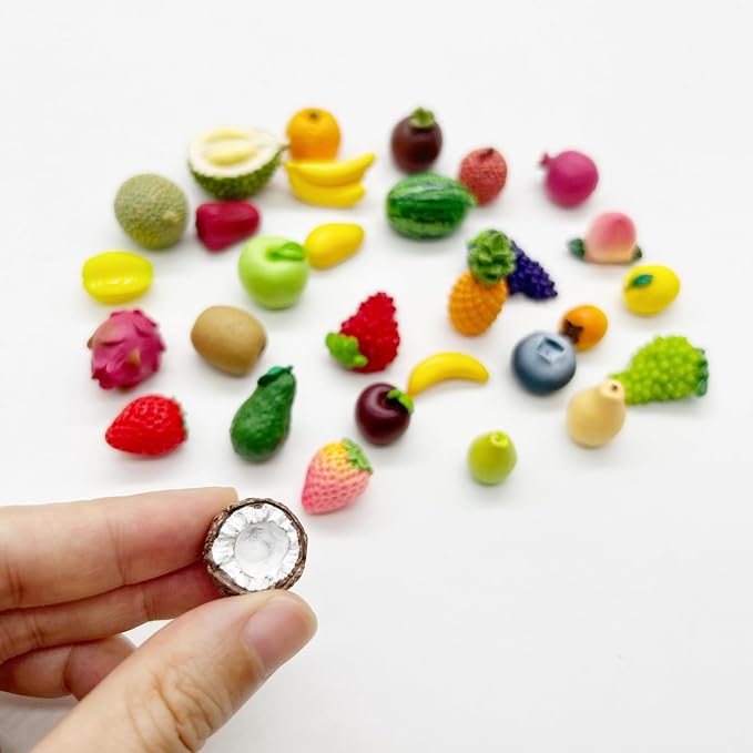 30Pcs Mini Resin Fruit, Artificial Fake Fruit, Fake Strawberry Banana Pineapple Lemon Peach Fruit Decorations for Mini House Kitchen Fairy Garden Cake Party Decor
