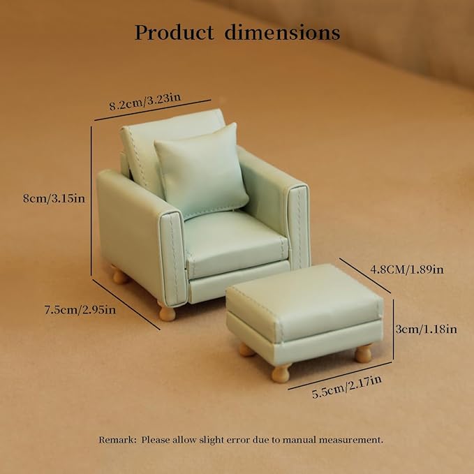 Miniature Dollhouse Sofa 1:12 PU Leather with Cushions&Ottoman – Fit 1/12 Scale Furniture and Accessories for Doll House Décor and 3 to 6 inches Doll Figure (Light Blue)