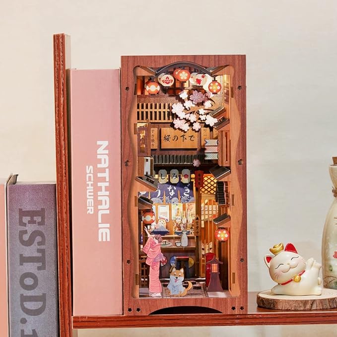 CUTEBEE Book Nook Kit - DIY Miniature House Japanese Sakura Dollhouse Kit for Adults, Booknook Tiny House Bookshelf Decor 3D Wooden Puzzle, Gifts for Family, Friends (Under The Sakura Tree)