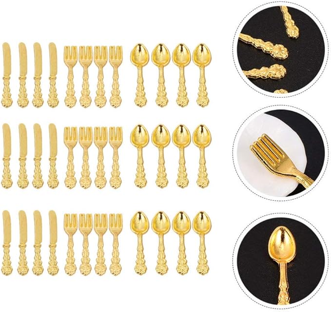 Kisangel Miniature Dollhouse Tableware Ornament 36Pcs Alloy Micro Cutlery Set Decorative Mini Dinner Accessories for Fairy House Display