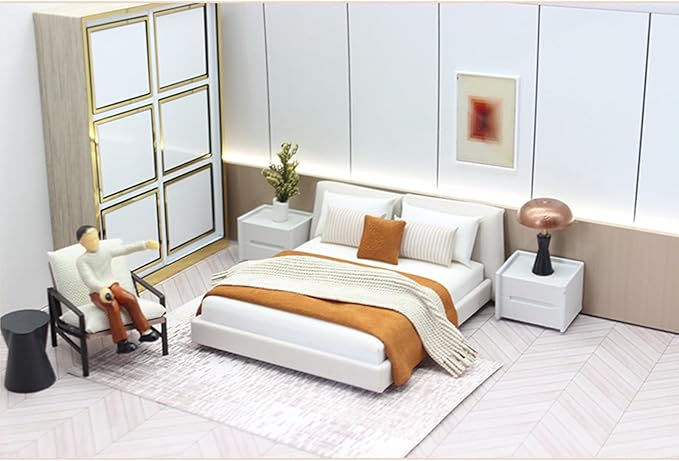 1/20 Dollhouse Bed with Doullhouse Bedding Miniature Queen Bed for Doll House Bedroom Furniture Accessories (Brown)