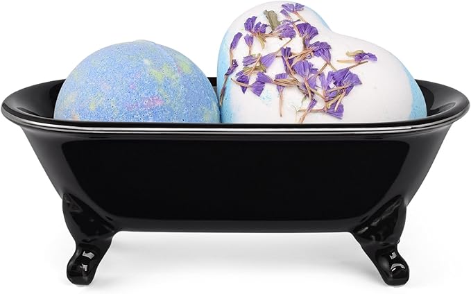 NEWHENGS 6.5" Ceramic Mini Decorative Clawfoot Bathtub Bar Soap Dish, Kitchen Sponge Holder and Shower Tray for Bathroom, 1 Pack (Black Silver Rim)