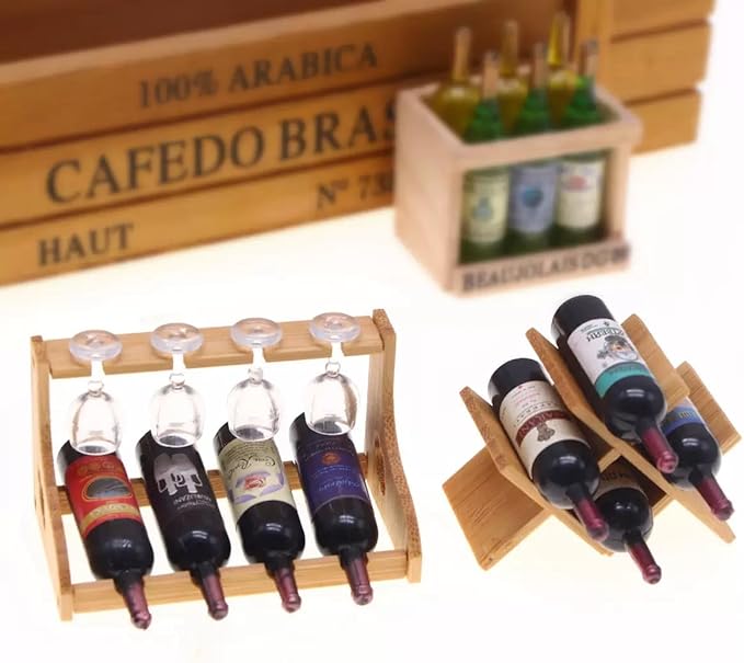 Dollhouse Accessories Wine Bottle Set,1 12 Scale Object Including 4 Bottles of Wine with 4 Glasses and a Holder for Mini House Decoration(Modern Style)