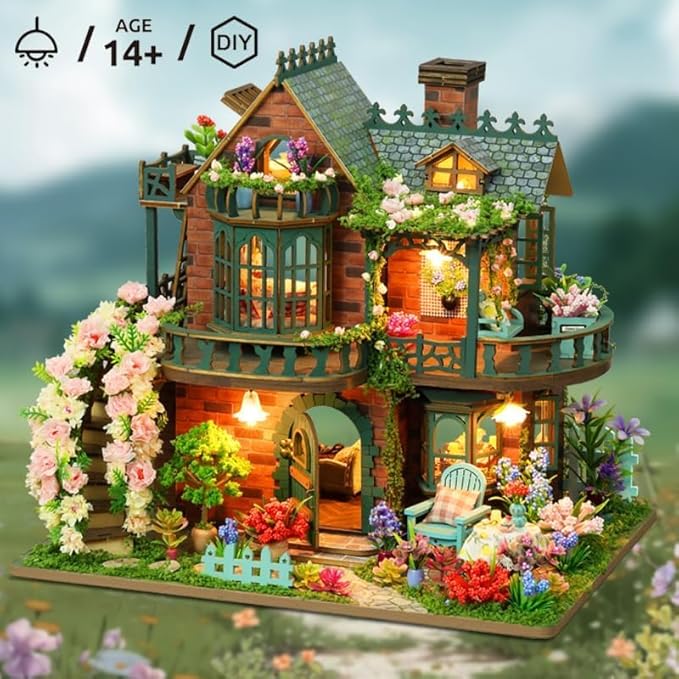 DIY Miniature House Kit with LED Lights, Fairy Garden Mini House Building Kit for Adults, Creative Crafts for Christmas & Birthday