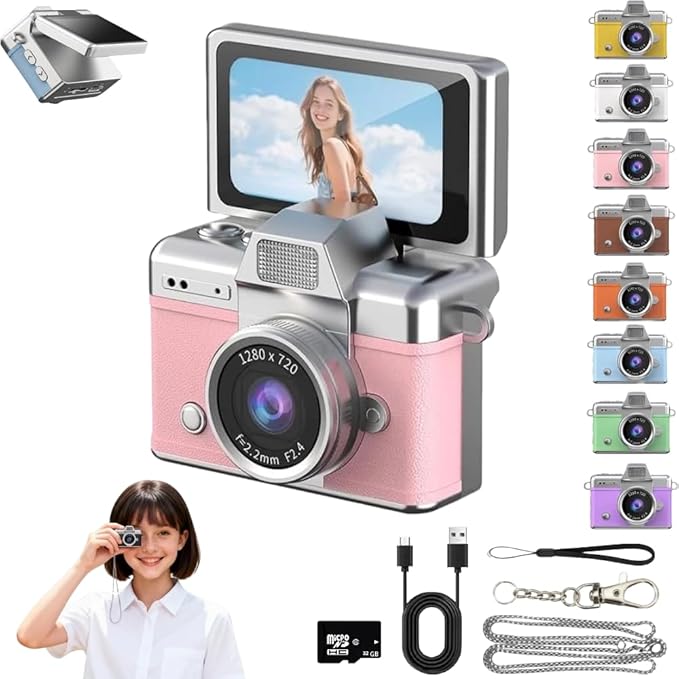 Mini Keychain Digital Camera Retro Mini Digital Video Camera Small bodycam 1080P FHD Recording with 0.96" IPS Screen with 6 Retro Filters AVI Format-Ideal for Phone Transfer (Pink, 32GB)