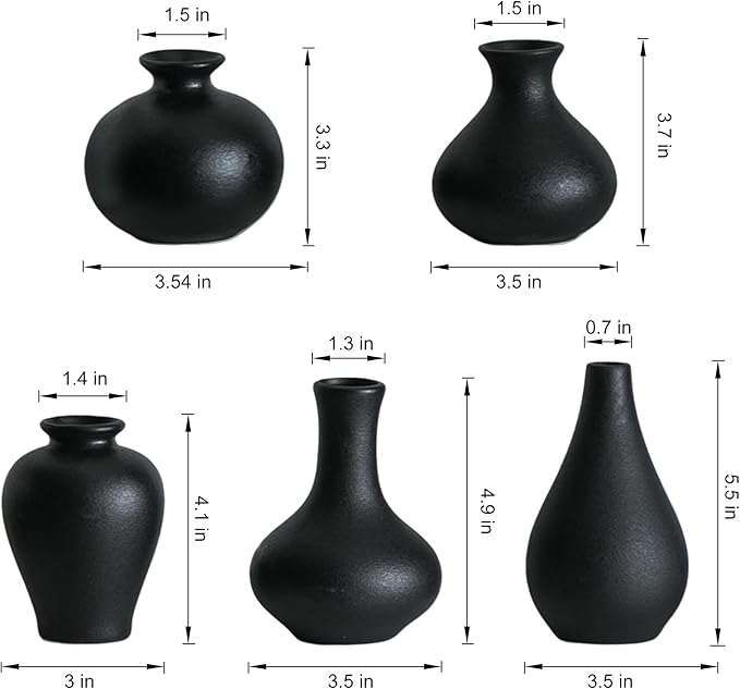 Small Ceramic Vase Set of 5, Black Bud Vase with Boho Decorative Design for Fireplace, Entryway & Living Room Centerpiece