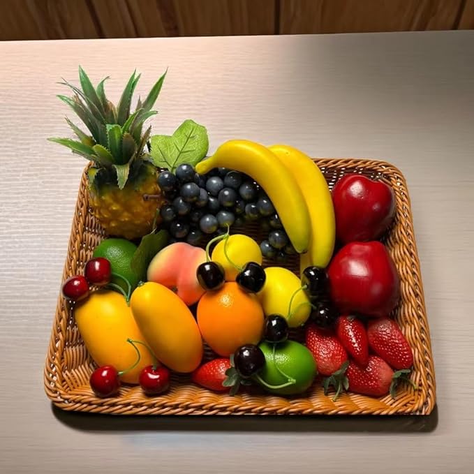 26pcs Artificial Fruits Fake Realistic Fruit Modle for Photoshoot Decor Artificial Pineapple Green & Yellow Lemon Black Grapes Bananas Orange Apple Peach Strawberries Mango Plastics Cherry