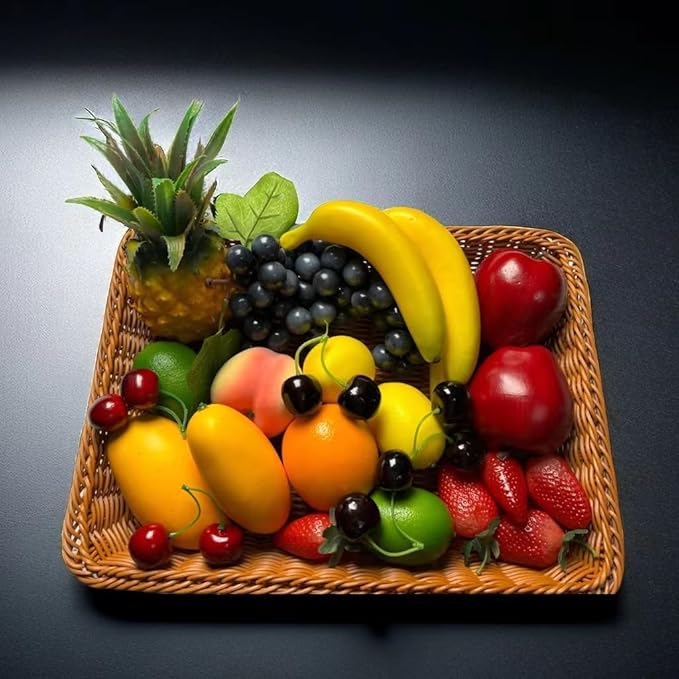 26pcs Artificial Fruits Fake Realistic Fruit Modle for Photoshoot Decor Artificial Pineapple Green & Yellow Lemon Black Grapes Bananas Orange Apple Peach Strawberries Mango Plastics Cherry
