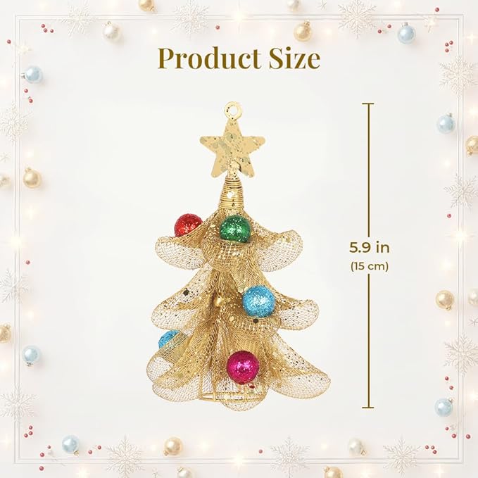 XMIAOX Mini Metal Christmas Tree, 5.9" Handcrafted Wire Mesh Tree Tabletop Hanging Ornament with Star Tree Topper & Colorful Glitter Balls, Sparkling Holiday Decoration for Desk, Shelf & Home Décor