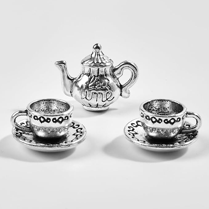 Miniature Tea Cup Set 1:12 Dollhouse Vintage Metal Teapot Coffee Shop Kitchen Accessories Decor, Mini Cups and Teapot 3 Pcs