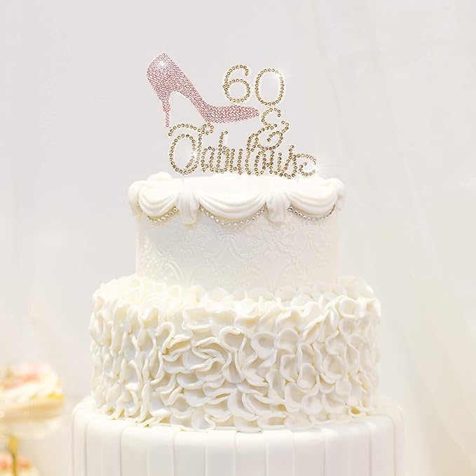 LINGTEER 60 Fabulous Pink High Heel Rhinestone Crystal Cake Topper Perfect for 60th Birthday Anniversary Party Keepsake Sparkle Decoration