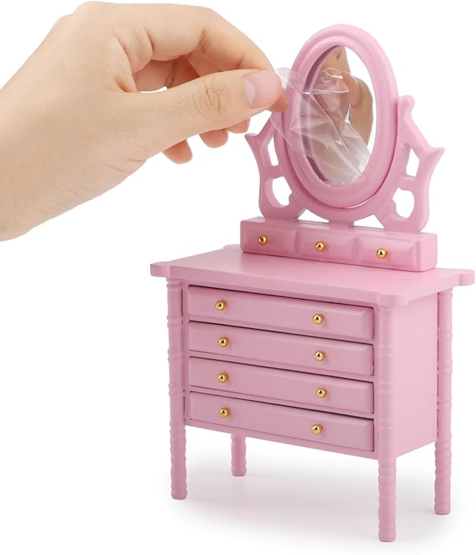 Miniature Dollhouse Vanity Table 1 12 Furniture Makeup Dressing Table with Mirror and 4 Drawers Mini House Accessories Bedroom Living Room Scene Decoration (Pink)