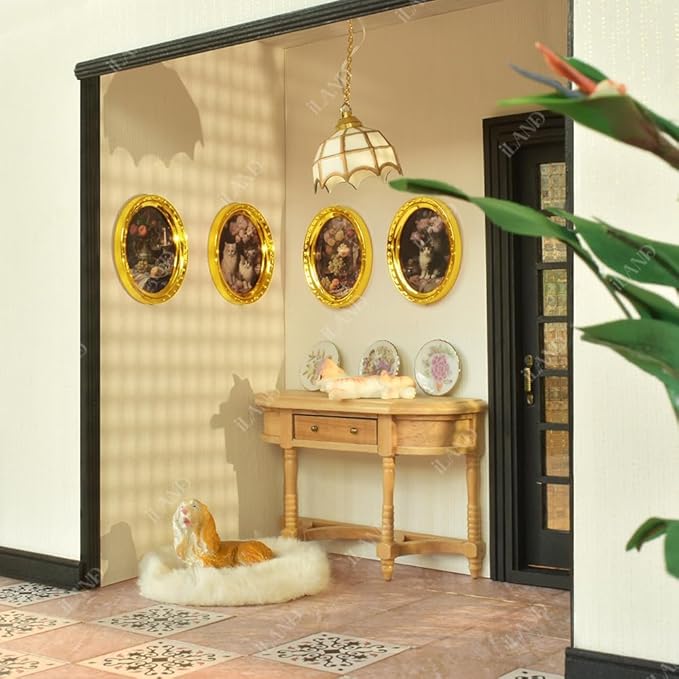 iLAND Miniature Dollhouse Accessories, 4 Dollhouse Picture Frames Set w/Printed Paintings (4 Golden Oval Frames w/ 4 Pictures)