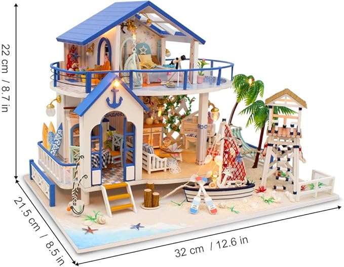 GuDoQi DIY Miniature Dollhouse Kit, Miniature House Kit 1:24 Scale,Tiny House kit with Music and Furniture Kit, Great Gift for Birthday Christmas, Blue Sea Legend