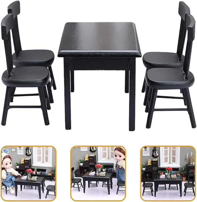 Black Chairs 5Pcs Miniature Table and Chairs, Mini Dining Table Set for 4, Doll House Black Wooden Miniature Furniture and Accessories Furniture