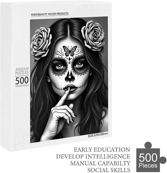 Jigsaw Puzzles for Adults 500 Piece - Gorgeous Sugar Skull Lady Day of The Dead Wooden Puzzle,Educational Games，Challenge Puzzles Puzzle Games,Stress Relief Games,Funny Puzzles