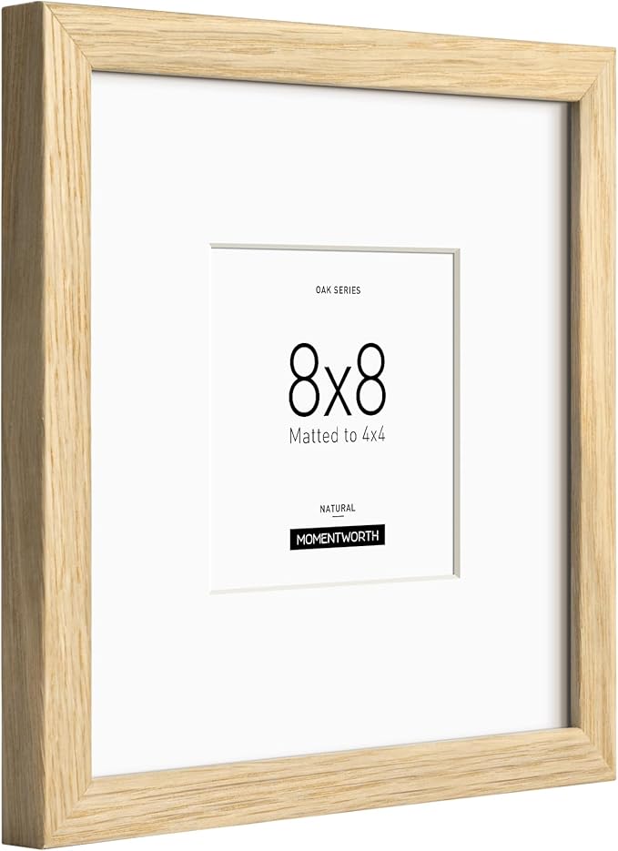 Momentworth 8x8 Picture Frames with Mat for 4x4, Solid Oak Wood Frame with Tempered Glass for Wall Mount(Single,Oak)