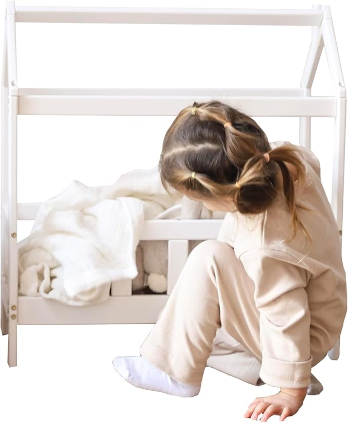 BUSY WOOD Wooden Doll Bed Pair to Toddler Bed Frame - Bedroom Furniture for Girl - Dolls Bed Pretend Play - Montessori Furniture - White Color Bed - Color Variation