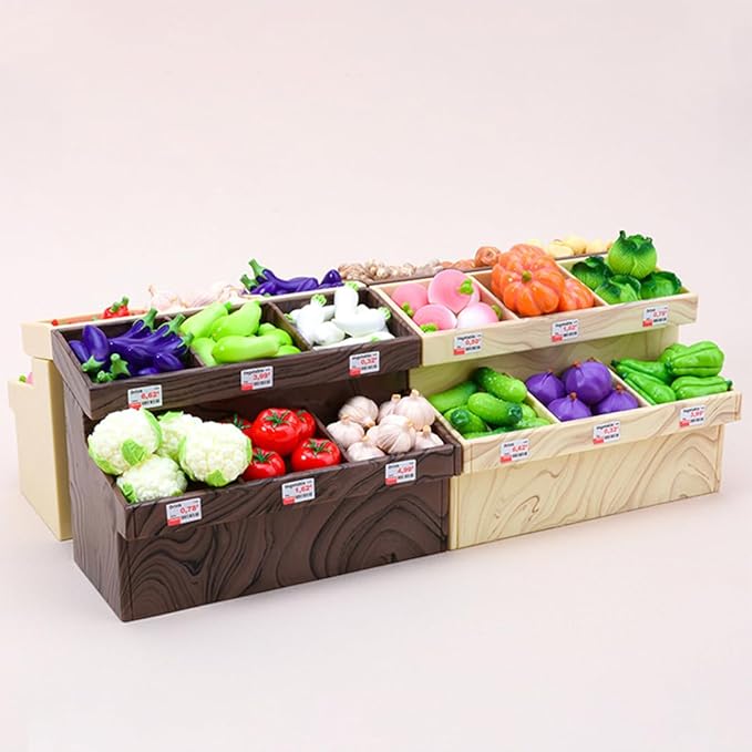 1/20 Scale Mini Realistic Vegetable Rack Model, Supermarket Props, Prentend-Play Accessory Set (Brown Vegetable Rack + 40 Vegetables)