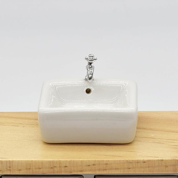 1:12 Scale Ceramic Sink with Removable Faucet - Miniature Dollhouse Bathroom and Kitchen Accessories for Victorian Style Decor, Realistic Doll House Furniture (Durable Resin Basin Set)