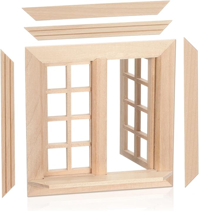 Gadpiparty Doll House Window, Uncolored Wooden Miniature Window for Dollhouse Decor, 1:12 Scale Craft Mini Model, Khaki Synthetic Material, 4. 17 Inch