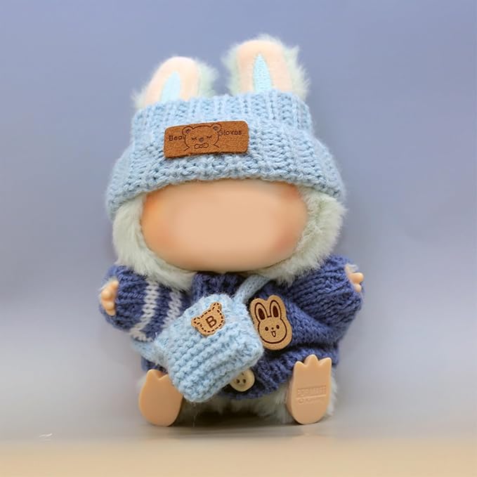 Clothes for LABUBU Doll (NO Doll), Handcrafted Crochet 3-Piece Accessories for LABUBU 17cm Dolls, Premium Outfit - Bunny Sweater + Hat + Bag, Cute Clothes for Dress up Unique Style (Blue)