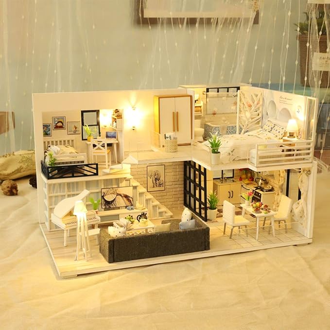 GuDoQi DIY Miniature Dollhouse Kit with Furniture, Tiny House kit 1:24 Scale, Need to Assemble Around 30 Hours, Great Handmade Crafts Gift for Birthday, Christmas, Life House(No Dust Cover)