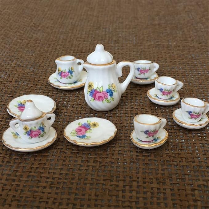 Dollhouse Decoration Accessories, 1:12 Dollhouse Miniature 15 Pcs Porcelain Tea Sets Mini Food Toy Model (H)