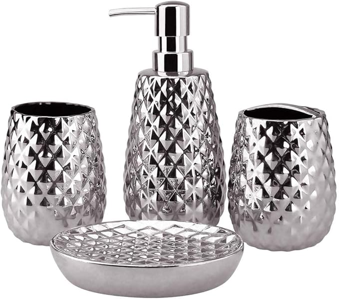 Silver Bathroom Accessories Set, Moroccan Trellis Bathroom Ensemble Complete Sets for Bath Decor Includes Soap Dispenser Pump, Toothbrush Holder, Tumbler, Soap Dish, Ideas Home Gift