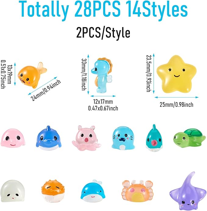 Beadthoven 28pcs Luminous Mini Resin Sea Animals Figures, Fish Crab Star Turtle Figurine Glow in The Dark Miniature Ocean Animal Ornaments for Fish Tank Potted Garden Decoration DIY Micro Landscape