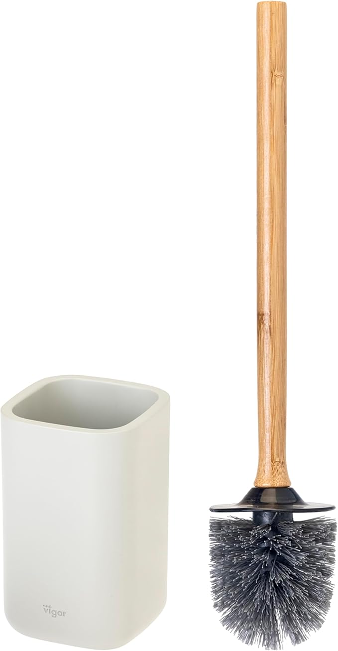 Vigar Zense Toilet Brush and Holder Set, Toilet Bowl Brush with Polyresin Stone Holder, Bathroom Sets for Bathroom Decor and Accessories, Light Gray