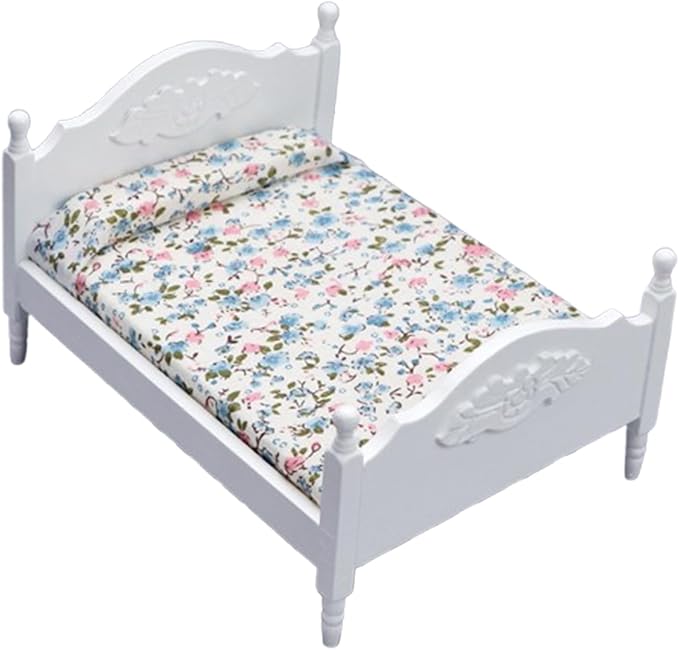1/12 Dollhouse Bed Miniature Queen Bed Mini Woode Bed for Dollhouse Bedroom Furniture (White)