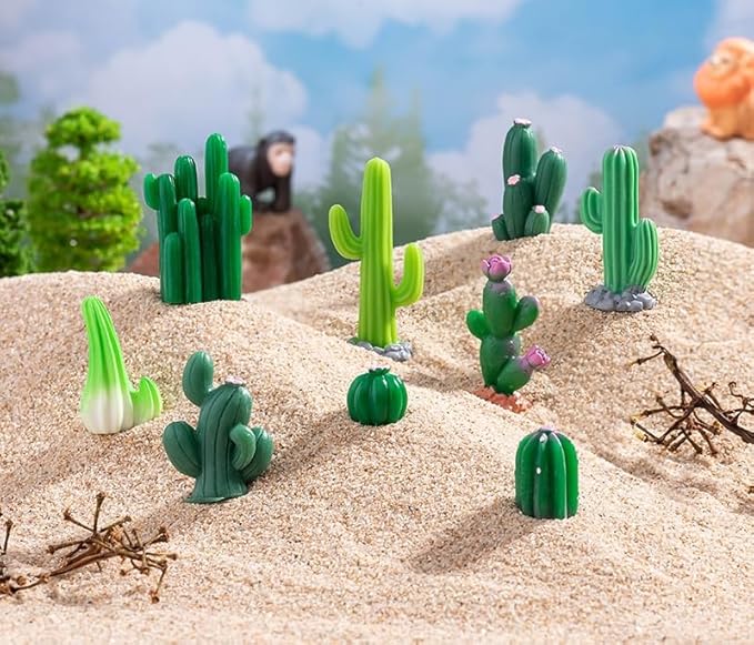 12 Pcs Realistic Mini Cactus Figurines – Resin Cactus Models in Various Shapes, Miniature Green Cacti Ornaments for DIY Dollhouse, Fairy Garden, Bonsai, Micro Landscape, Car & Cake Toppers
