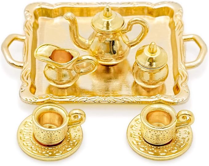 Odoria 1/12 Miniature Tea Set 8Pcs Dollhouse Decoration Accessories, Gold