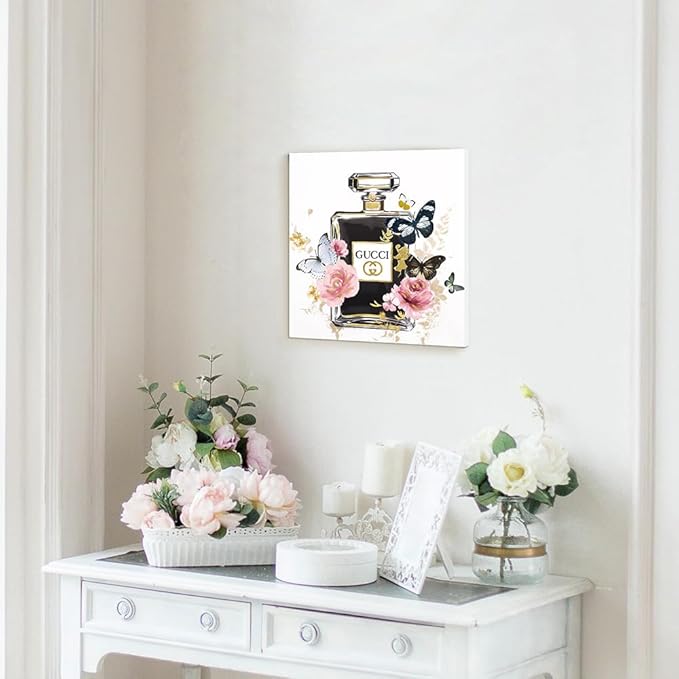 Dream Land Fashion Perfume Bottle Wall Art: Trendy Pink Gold Flowers Canvas Painting 12"x12" Rose Butterfly Picture