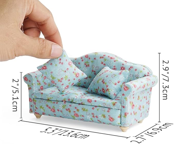 Odoria Dollhouse Couch Miniature Loveseat - 1/12 Scale Upholstered Sofa with Pillow Country Rustic for Living Room - Mini Settee Recliner Reading Furniture - Tiny Chaise Lounge Wood Floral Blue