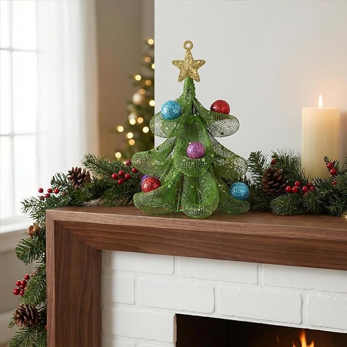 XMIAOX Mini Metal Christmas Tree, 5.9" Handcrafted Wire Mesh Tree Tabletop Hanging Ornament with Star Tree Topper & Colorful Glitter Balls, Sparkling Holiday Decoration for Desk, Shelf & Home Décor