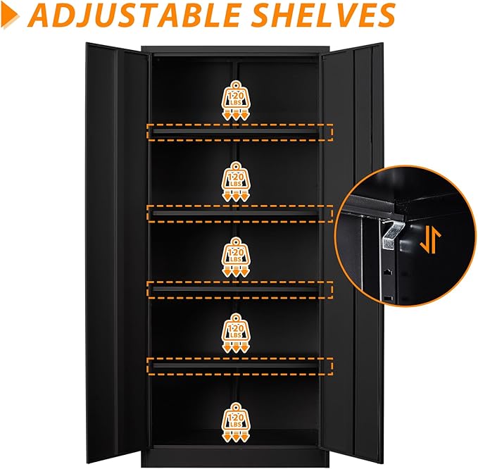 72" Tall Metal Storage Locking Cabinet With 2 Doors and 4 Adjustable Shelves for Home, School, Gym, Garage Storage