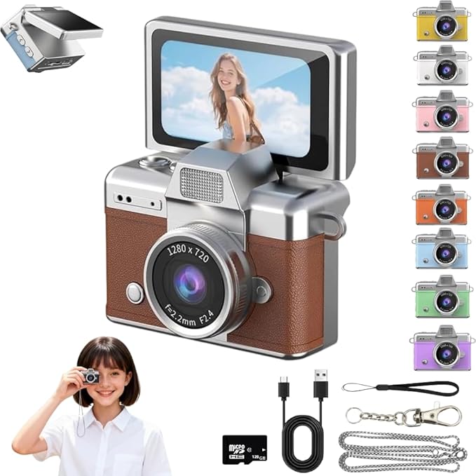 Mini Keychain Digital Camera Retro Mini Digital Video Camera Small bodycam 1080P FHD Recording with 0.96" IPS Screen with 6 Retro Filters AVI Format-Ideal for Phone Transfer (Brown, 128GB)