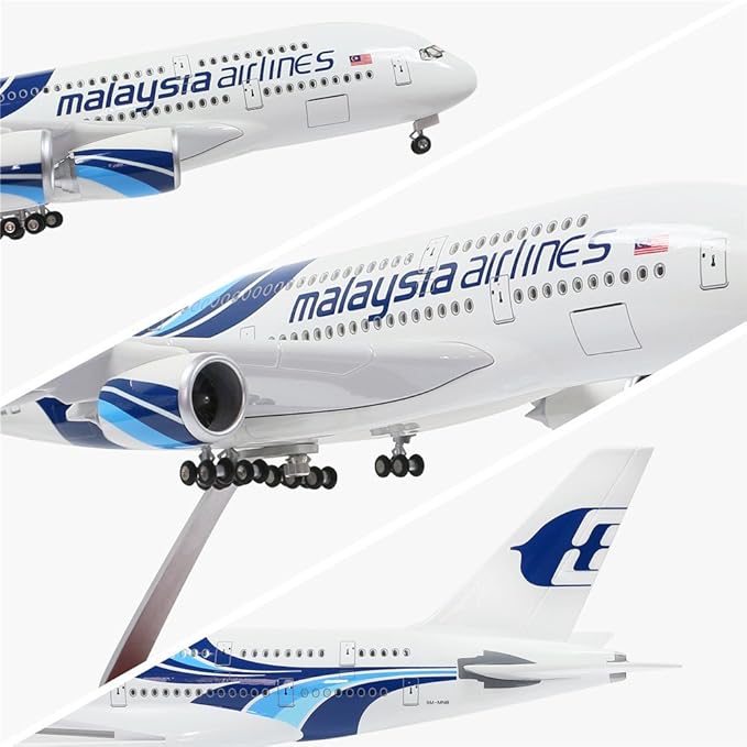 24-Hours 18" 1/160 Scale Airplane Desk Model Malaysia A380 Model Plane Collection with LED Light(Touch or Sound Control) Wood Stand & Gear Reg