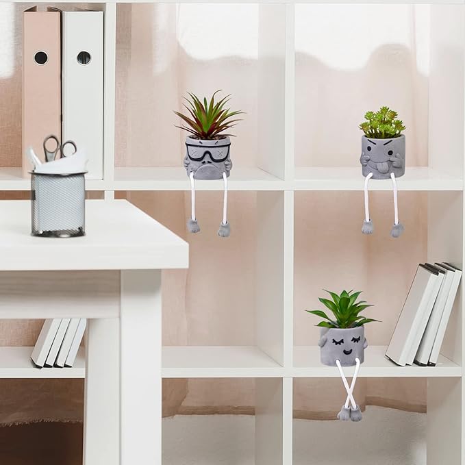 LUZOGA Set of 3 Artificial Succulents Potted Plants Faux Succulents Desk Decoration Fake Mini Plants in Grey Pots Faux Plants Kitchen Shelf Desk Decor Small Bathroom Decor for Shelves